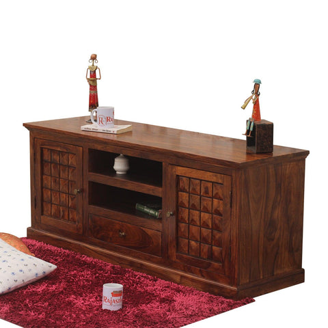 Astor Two Door with one center drawer wooden LCD cabinet in honey oak finish - Rajasthali Furniture 