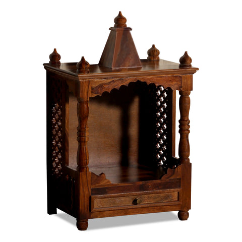 Puri Solid Wood Open Front and One Drawer Mandir in Honey Oak Finish - Rajasthali Furniture 