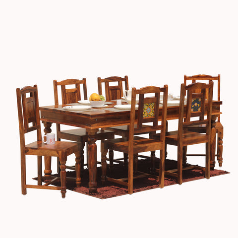 Solid Sheesham Wood Six Seat Ceramic Tile Dining Table Set in Natural Finish - Rajasthali Furniture 