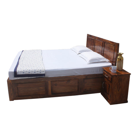 Fasica Solid Wood Double Bed with Two Bed Side with Box Storage in Honey Oak Finish