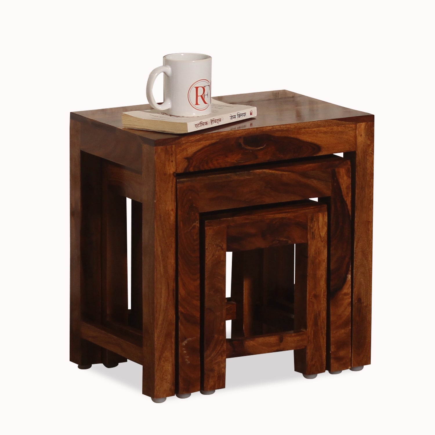 Zory Solid Wood Plain Top Nest Of Table Set Of Three in Honey Oak Finish - Rajasthali Furniture 