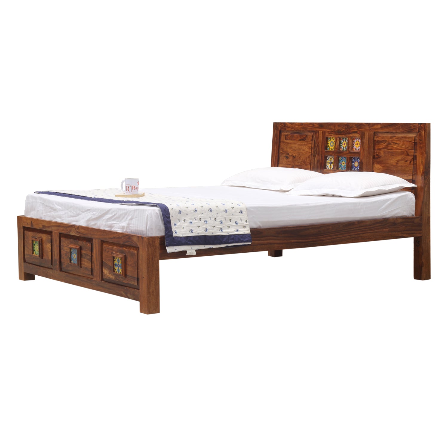 Hinton Solid Wood Double Bed Without Storage in Honey Oak Finish - Rajasthali Furniture 