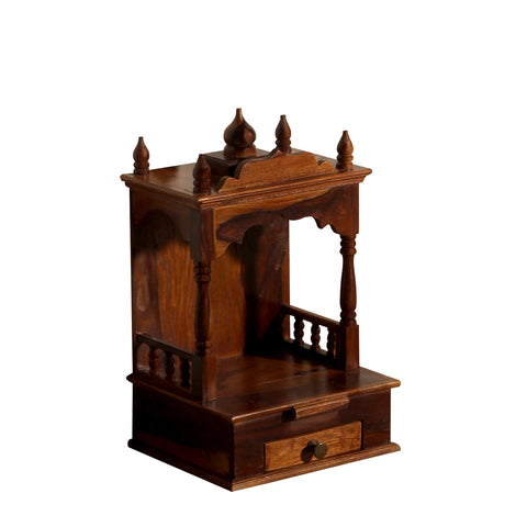 Sunak Solid Wood One Shelf and One Drawer Open Wall Mount Mandir in honey oak Finish - Rajasthali Furniture 