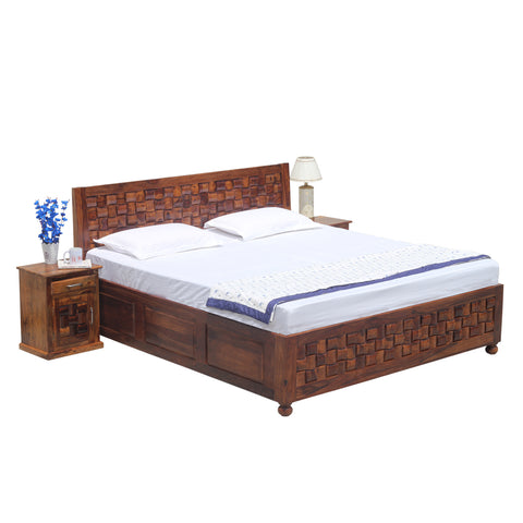 Solid Wood Niwar King Size Double Bed with Legs and Box Storage in Natural Finish With Two Bedside - Rajasthali Furniture 