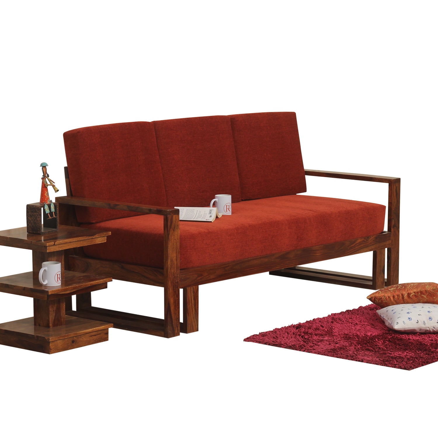 Cucus Double Leg Solid Wood Three Seat Sofa Set In Honey Oak Finished - Rajasthali Furniture 