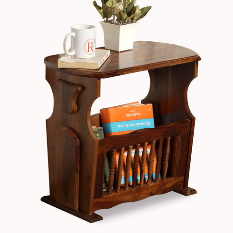 Solid Wood Gule Floor Mounted Magazine Stand cum Side Table in Natural Finish - Rajasthali Furniture 