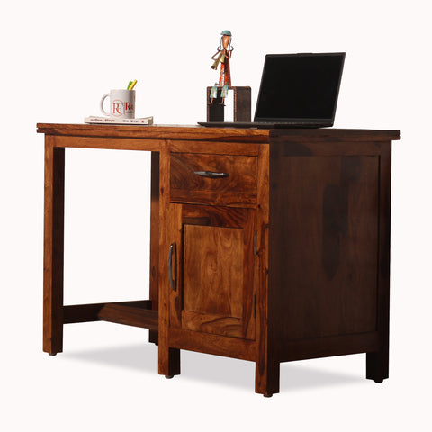 Okvist Solid Wood Study Table with One Drawer and One Door in Honey Oak Finish - Rajasthali Furniture 