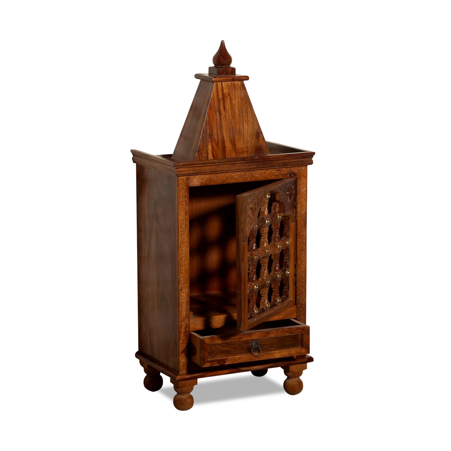 Dham Solid Wood Single Door and One Drawer Mandir in Honey Oak Finish - Rajasthali Furniture 