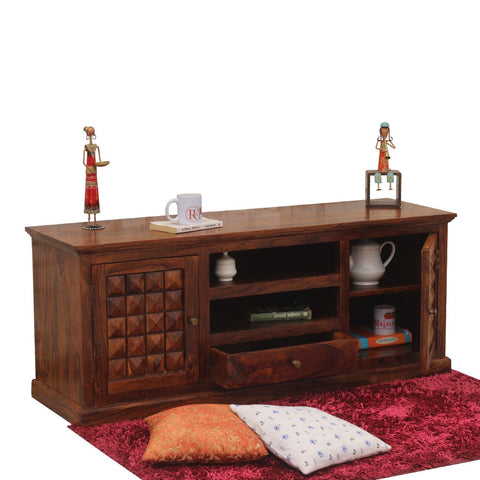 Astor Two Door with one center drawer wooden LCD cabinet in honey oak finish - Rajasthali Furniture 