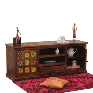 Lazio Two Door with One Center Drawer Wooden LCD Cabinet in Honey oak Finish - Rajasthali Furniture 