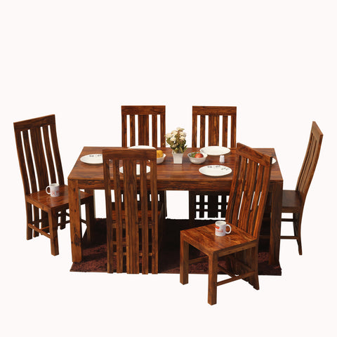 Poppy Solid Sheesham Wood Six Seat Dining Table Set in Natural Finish - Rajasthali Furniture 