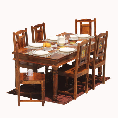 Solid Sheesham Wood Six Seat Ceramic Tile Dining Table Set in Natural Finish - Rajasthali Furniture 