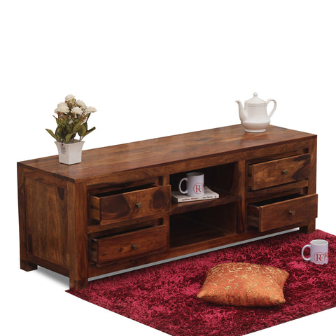 Meloni Four Drawer with One Center Shelf Wooden LCD Cabinet in Honey Oak Finish - Rajasthali Furniture 