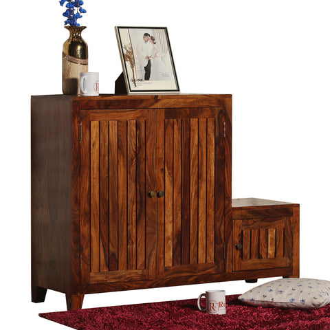 Frill Solid Wood Shoe Rack with Sitting Space in Honey Oak finish - Rajasthali Furniture 