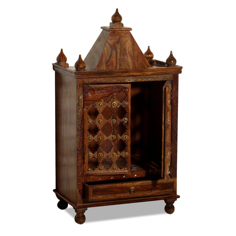 Jamini Solid Wood Double Door and One Drawer Mandir in Honey Oak Finish - Rajasthali Furniture 