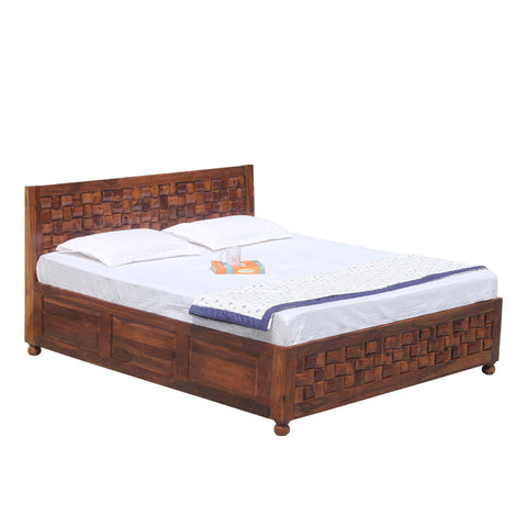 Solid Wood Niwar King Size Double Bed with Legs and Box Storage in Natural Finish - Rajasthali Furniture 