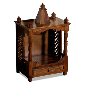 Puri Solid Wood Open Front and One Drawer Mandir in Honey Oak Finish - Rajasthali Furniture 