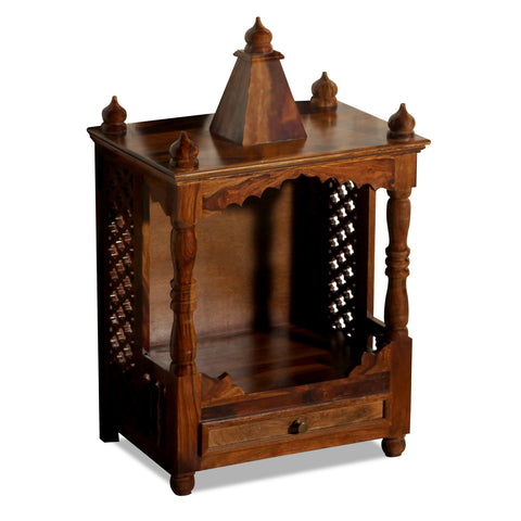 Puri Solid Wood Open Front and One Drawer Mandir in Honey Oak Finish - Rajasthali Furniture 