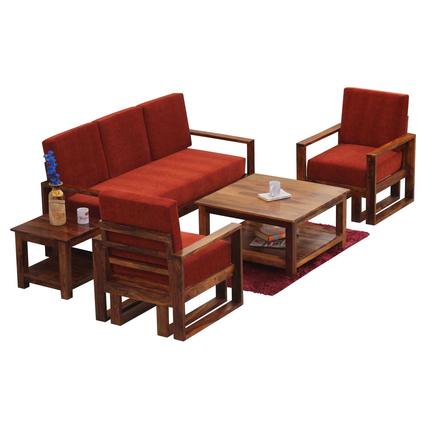 Cucus Double Leg Solid Wood Five Seat Sofa Set (3+1+1) In Honey Oak Finished - Rajasthali Furniture 