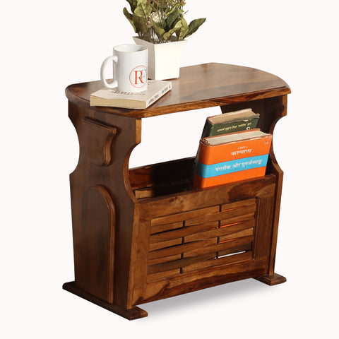 Solid Wood Niwar Magzine Stand cum Side Table in Natural Finish - Rajasthali Furniture 