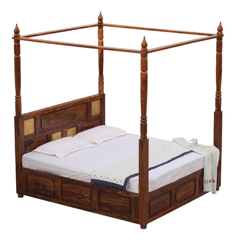 Solid Sheesham Wood King Size Four Poster Bed with Box Storage in Natural Finish - Rajasthali Furniture 