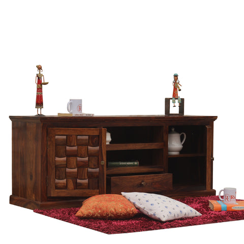 Xiomara Two Door with one center drawer wooden LCD cabinet in honey oak finish - Rajasthali Furniture 