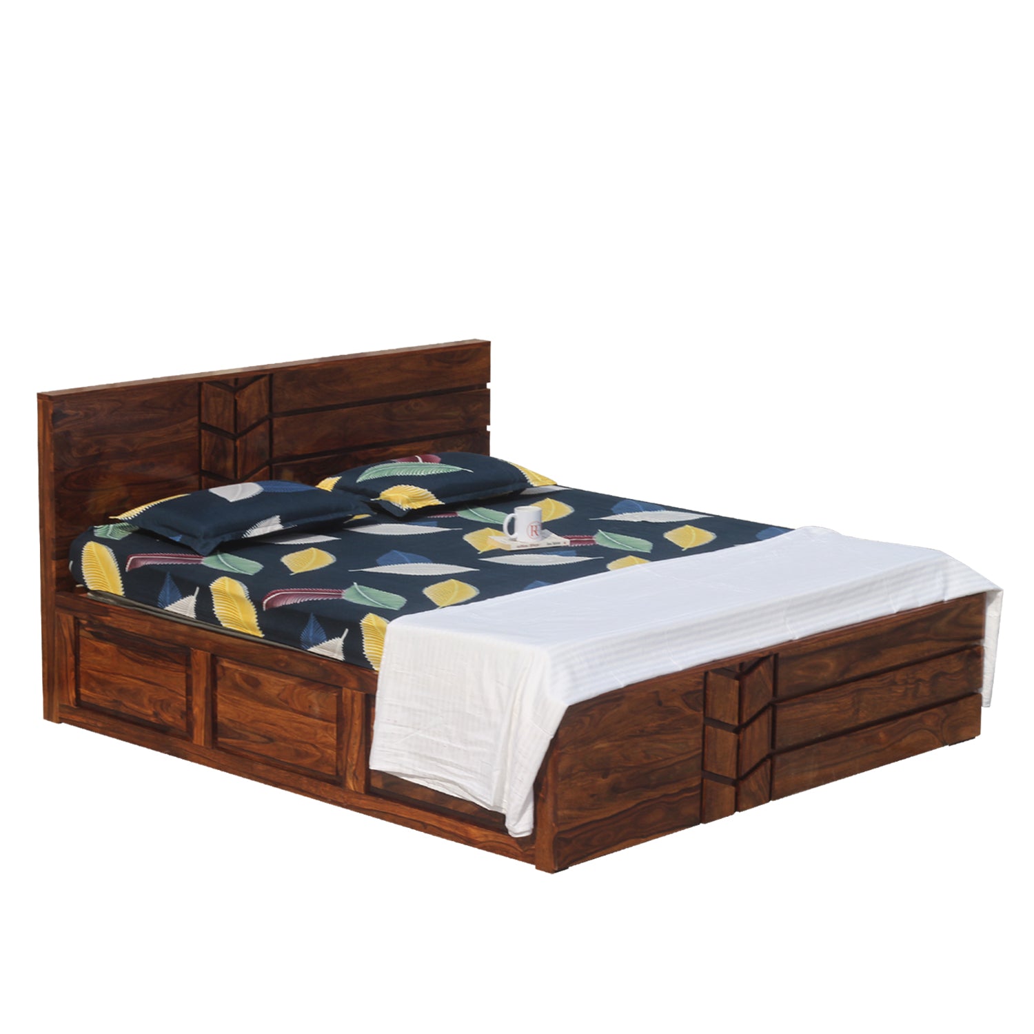 Solid Wood M Design King Size Double Bed with Box Storage in Natural Finish - Rajasthali Furniture 