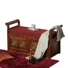 Bluet Upholstery Solid Wood Arm Bench with Storage in Honey Oak Finish - Rajasthali Furniture 