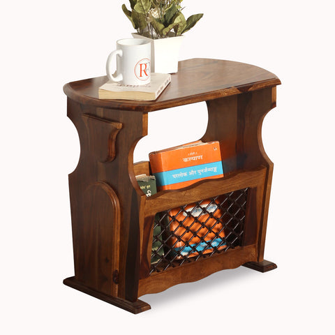 Solid Sheesham Wood Iron Jali Magazine Stand cum Side Table in Natural Finish - Rajasthali Furniture 