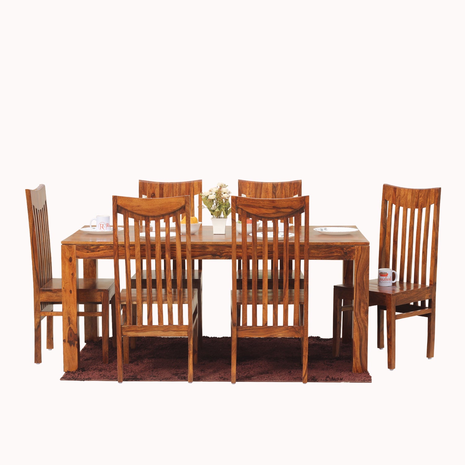 Flora Solid Sheesham Wood Six Seat Dining Table Set in Natural Finish - Rajasthali Furniture 