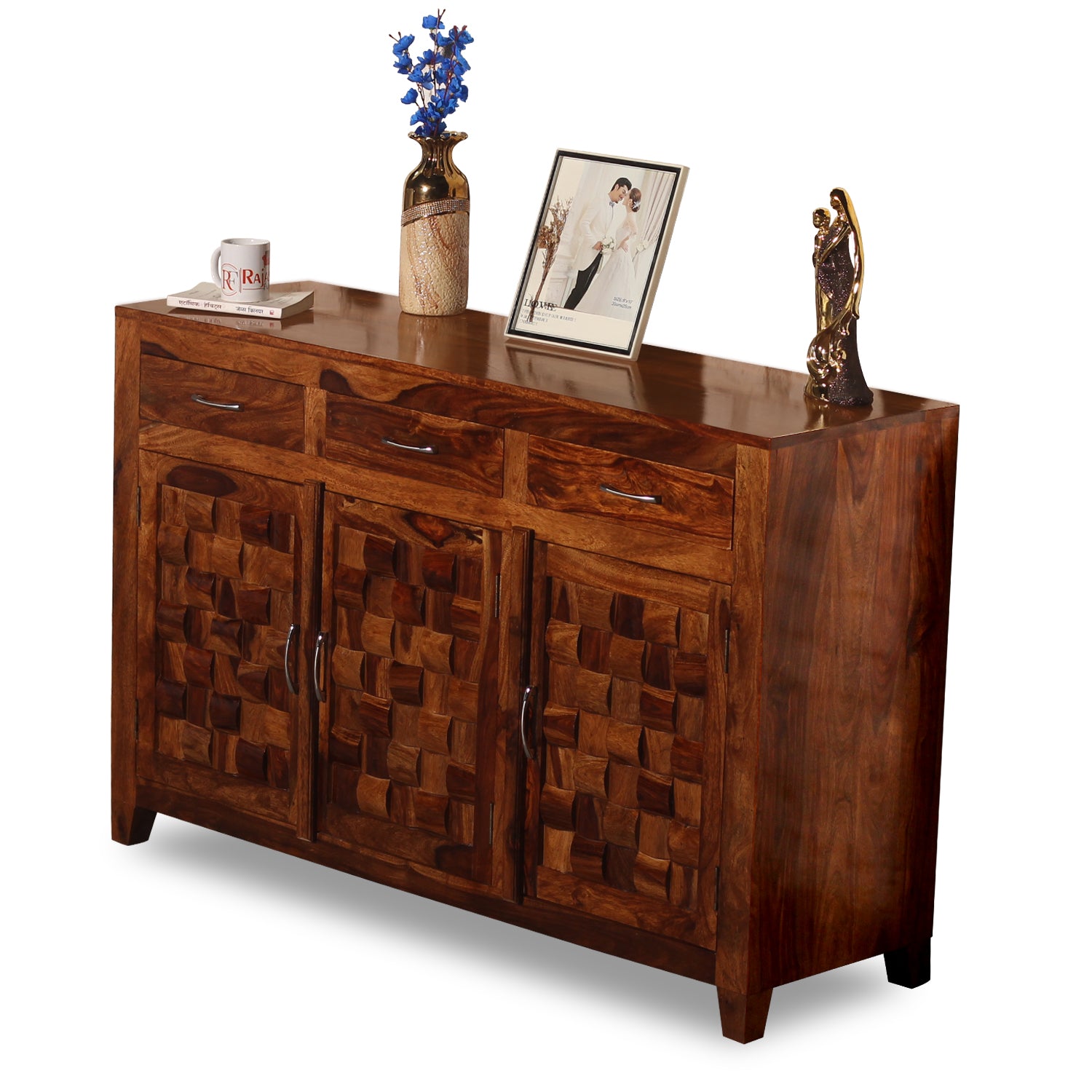 Solid Wood Three Door and Three Drawer Niwar Sideboard in natural Finish - Rajasthali Furniture 