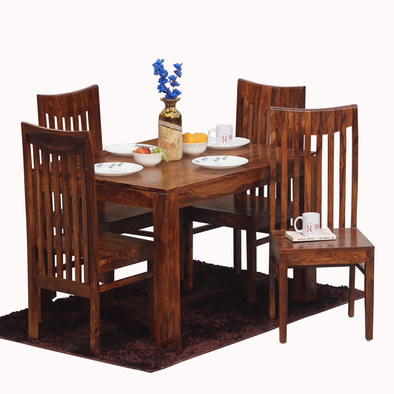 Flora Solid Sheesham Wood Four Seat Dining Table Set in Natural Finish - Rajasthali Furniture 