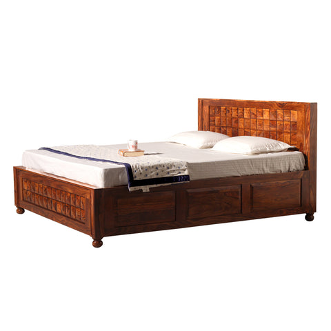 Diamond Solid Wood Double Bed With Box Storage in honey Oak Finish - Rajasthali Furniture 