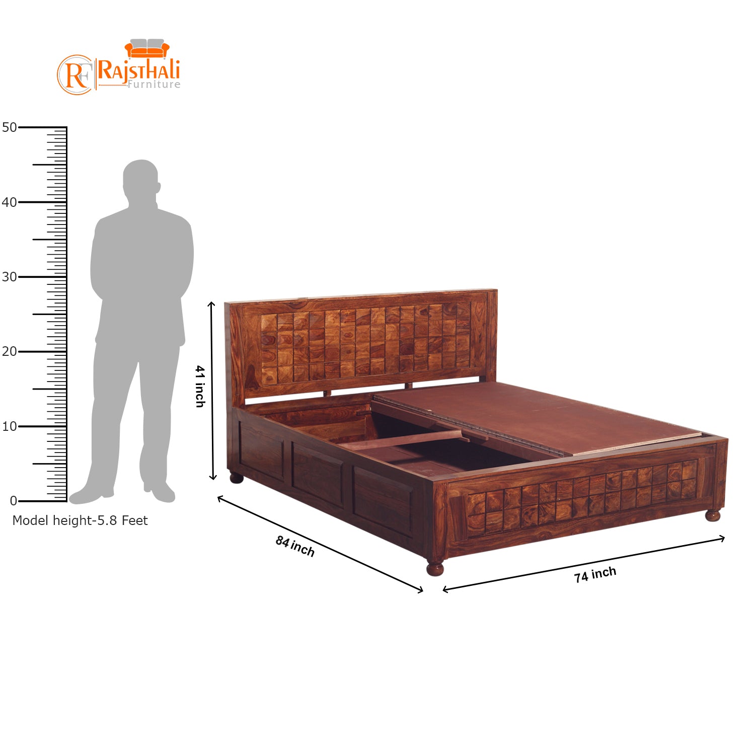 Diamond Solid Wood Double Bed With Box Storage in honey Oak Finish - Rajasthali Furniture 