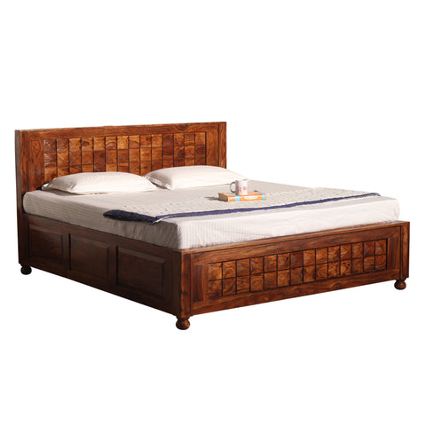 Diamond Solid Wood Double Bed With Box Storage in honey Oak Finish - Rajasthali Furniture 