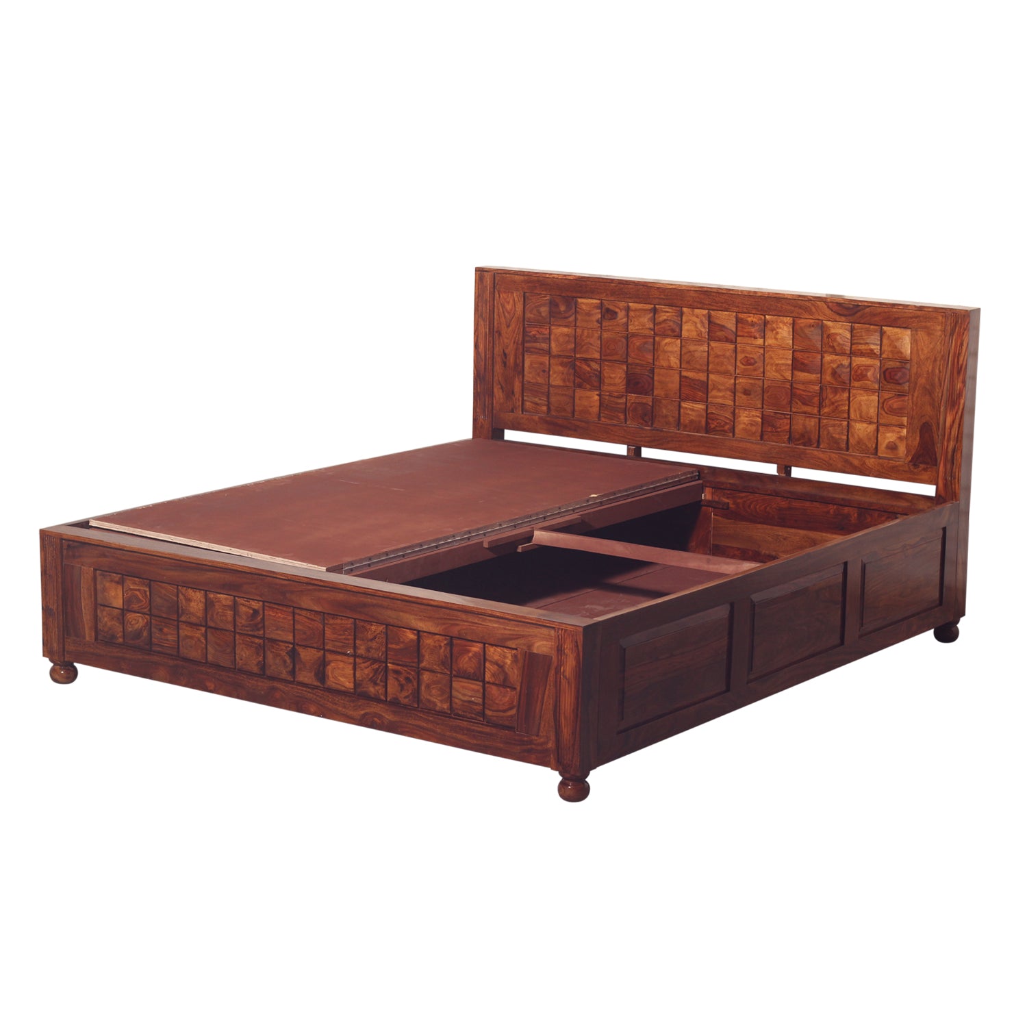 Diamond Solid Wood Double Bed With Box Storage in honey Oak Finish - Rajasthali Furniture 