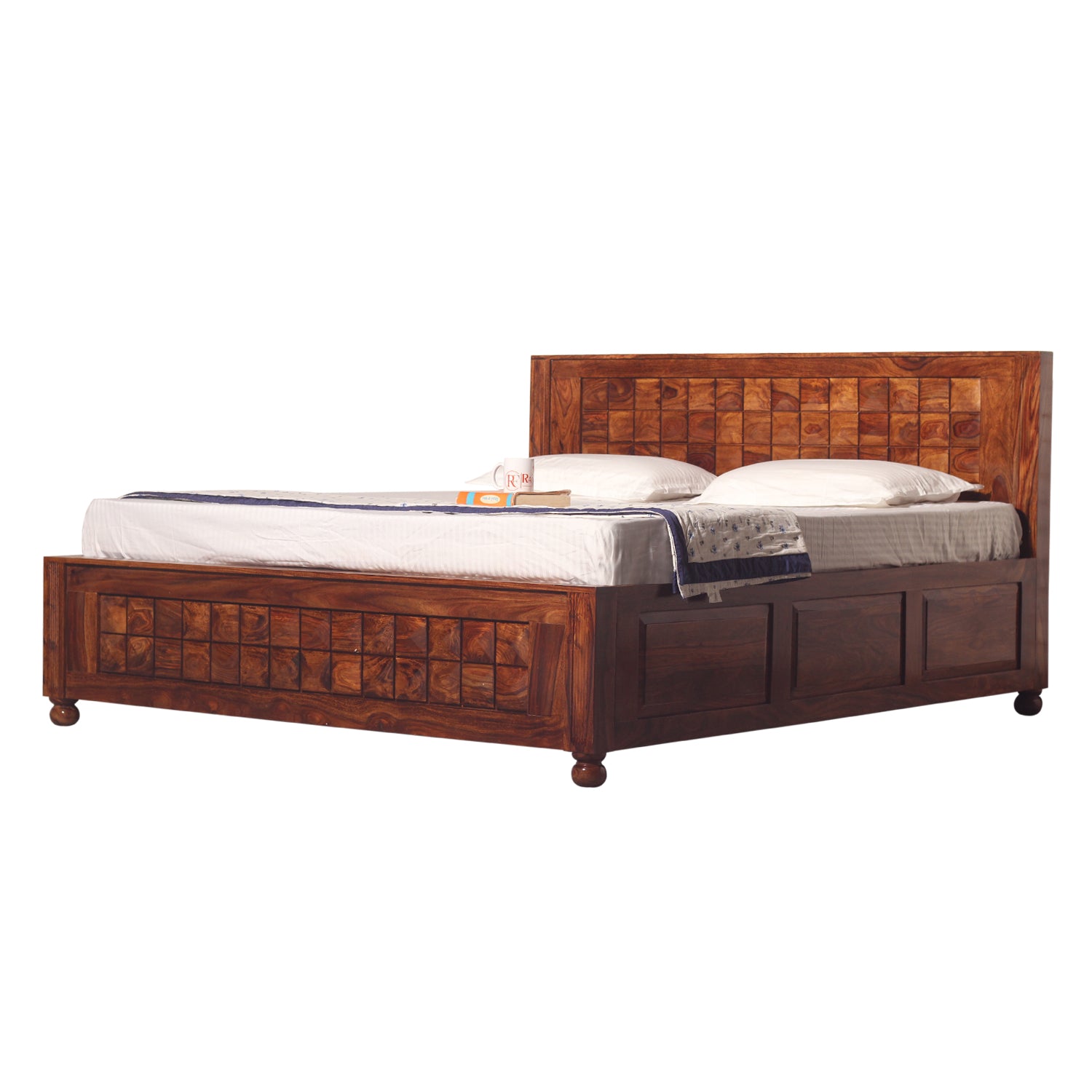 Diamond Solid Wood Double Bed With Box Storage in honey Oak Finish - Rajasthali Furniture 