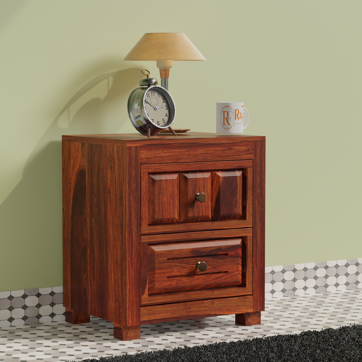 Kart Sheesham Wood Floor Mounted Bed Side Table/Nightstand in Honey Oak Finish - Rajasthali Furniture 