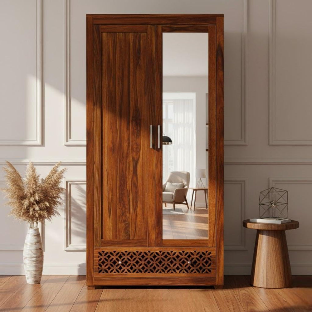 Lattice Sheesham wood mirror wardrobe in Honey finish styled in a bedroom