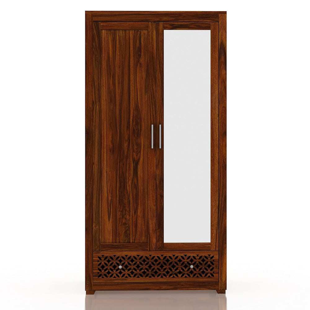 Lattice Sheesham wood mirror wardrobe in Honey finish styled in a bedroom