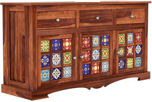 Sheesham Wood Sideboard, 3 Drawers + 3 Door including Tile Design | For Living Room & Home Solid Wood (Finish Color - Natural, Pre-assembled) - Rajasthali Furniture 