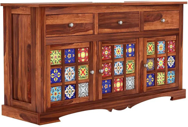 Sheesham Wood Sideboard, 3 Drawers + 3 Door including Tile Design | For Living Room & Home Solid Wood (Finish Color - Natural, Pre-assembled) - Rajasthali Furniture 