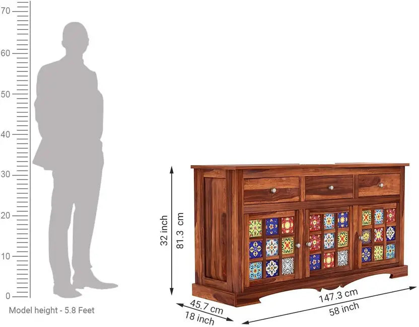 Sheesham Wood Sideboard, 3 Drawers + 3 Door including Tile Design | For Living Room & Home Solid Wood (Finish Color - Natural, Pre-assembled)