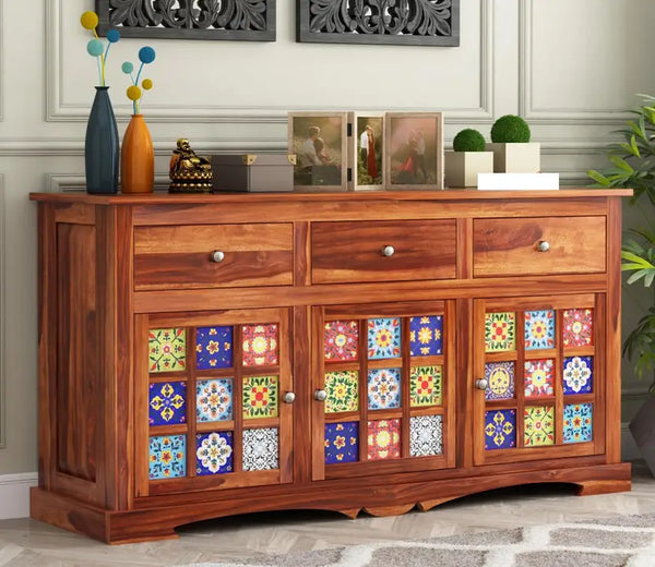Sheesham Wood Sideboard, 3 Drawers + 3 Door including Tile Design | For Living Room & Home Solid Wood (Finish Color - Natural, Pre-assembled) - Rajasthali Furniture 