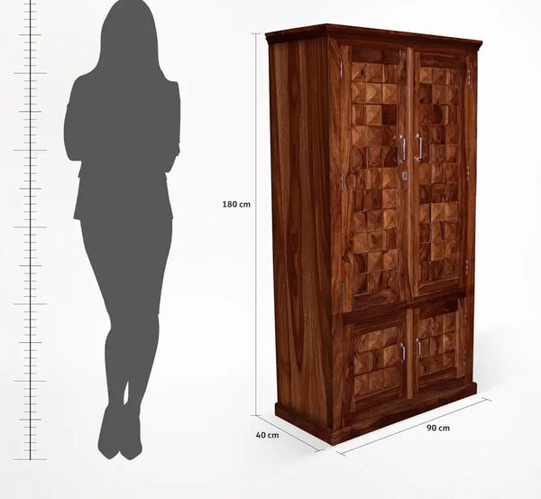 Solid Sheesham Wood 4 Door Almirah with 2 Drawers | Natural Finish | Diamond Design Wooden Wardrobe with Spacious Shelves & Lock