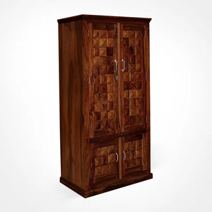 Solid Sheesham Wood 4 Door Almirah with 2 Drawers | Natural Finish | Diamond Design Wooden Wardrobe with Spacious Shelves & Lock