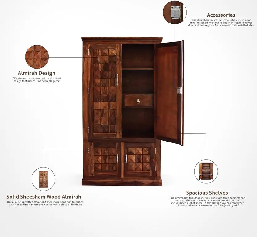 Solid Sheesham Wood 4 Door Almirah with 2 Drawers | Natural Finish | Diamond Design Wooden Wardrobe with Spacious Shelves & Lock