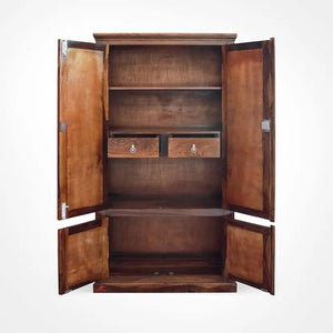 Solid Sheesham Wood 4 Door Almirah with 2 Drawers | Natural Finish | Diamond Design Wooden Wardrobe with Spacious Shelves & Lock