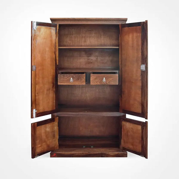 Solid Sheesham Wood 4 Door Almirah with 2 Drawers | Natural Finish | Diamond Design Wooden Wardrobe with Spacious Shelves & Lock