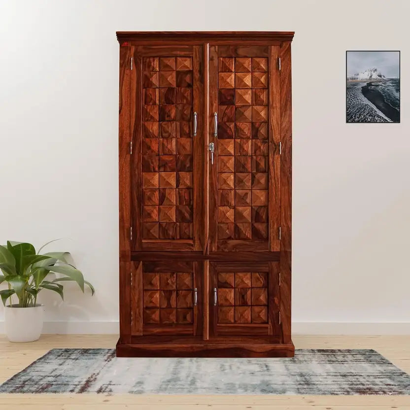 Solid Sheesham Wood 4 Door Almirah with 2 Drawers | Natural Finish | Diamond Design Wooden Wardrobe with Spacious Shelves & Lock